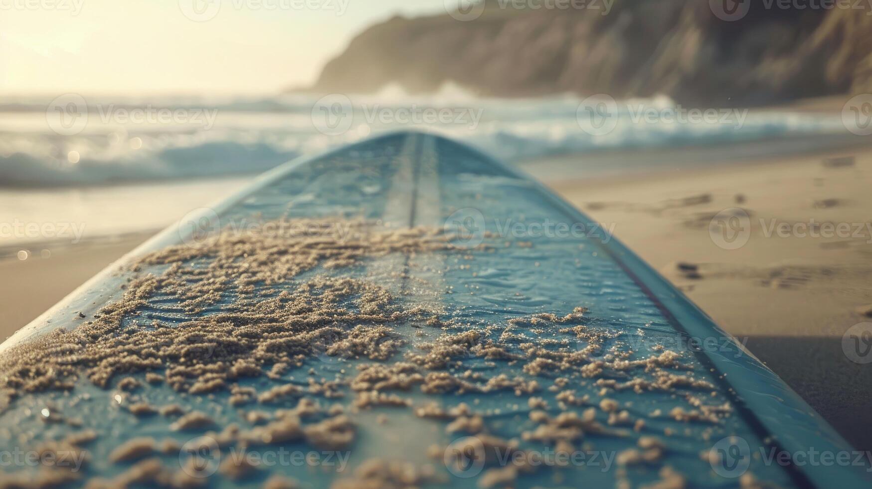 A surfboard rests on sandy beach with ocean horizon in the background photo