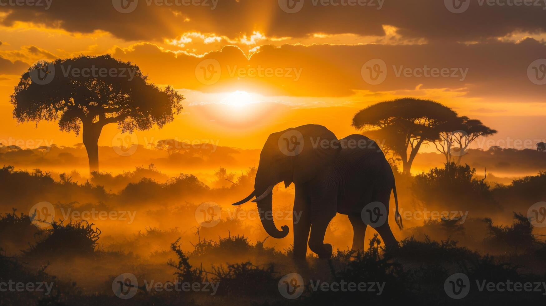 Elephant walking through grassy plain at sunset under cloudy sky photo