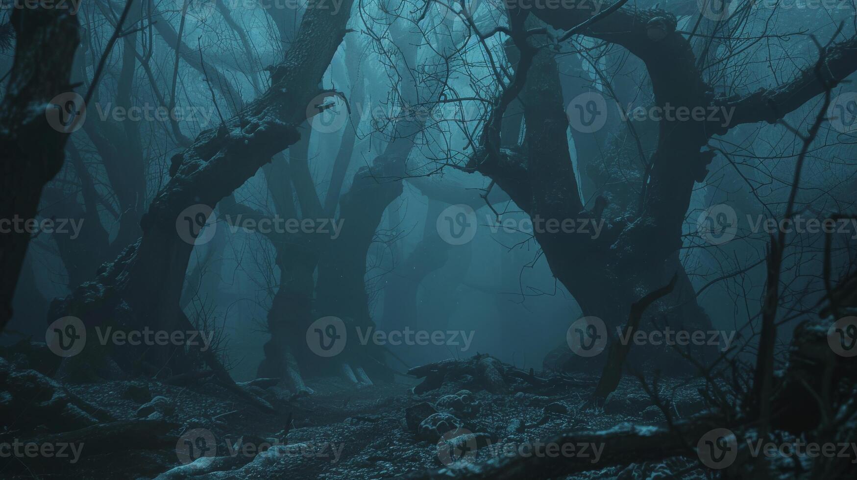 Mysterious forest with foggy trees at night, a haunting natural landscape photo