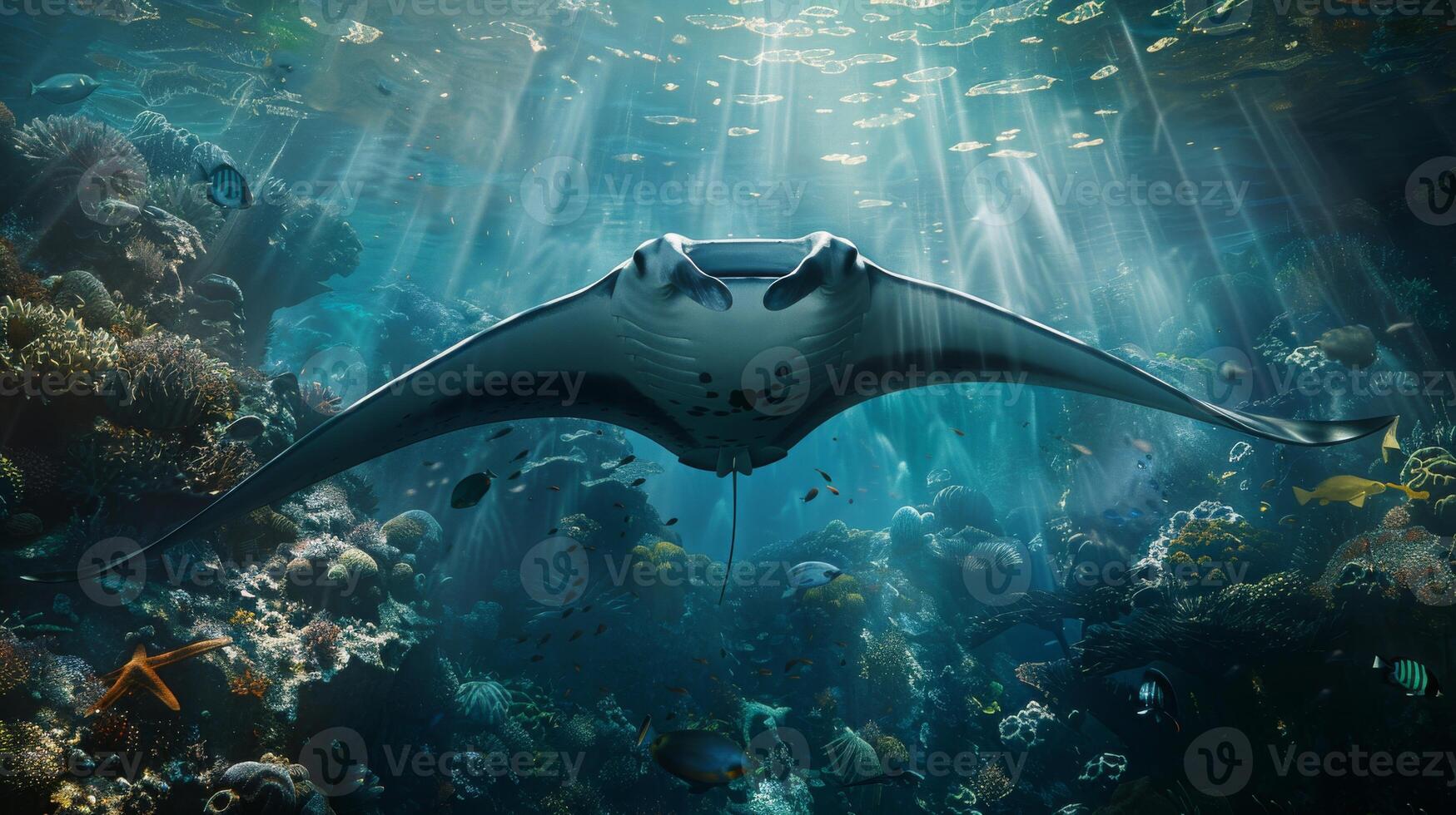 Electric blue stingray glides underwater near coral reef in fluid ocean photo