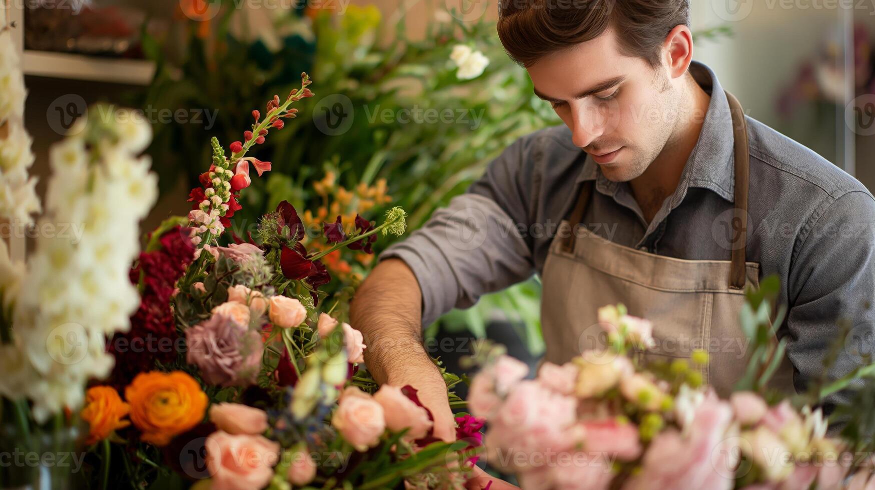 Man arranging flowers in shop, creating beautiful floral arrangements photo