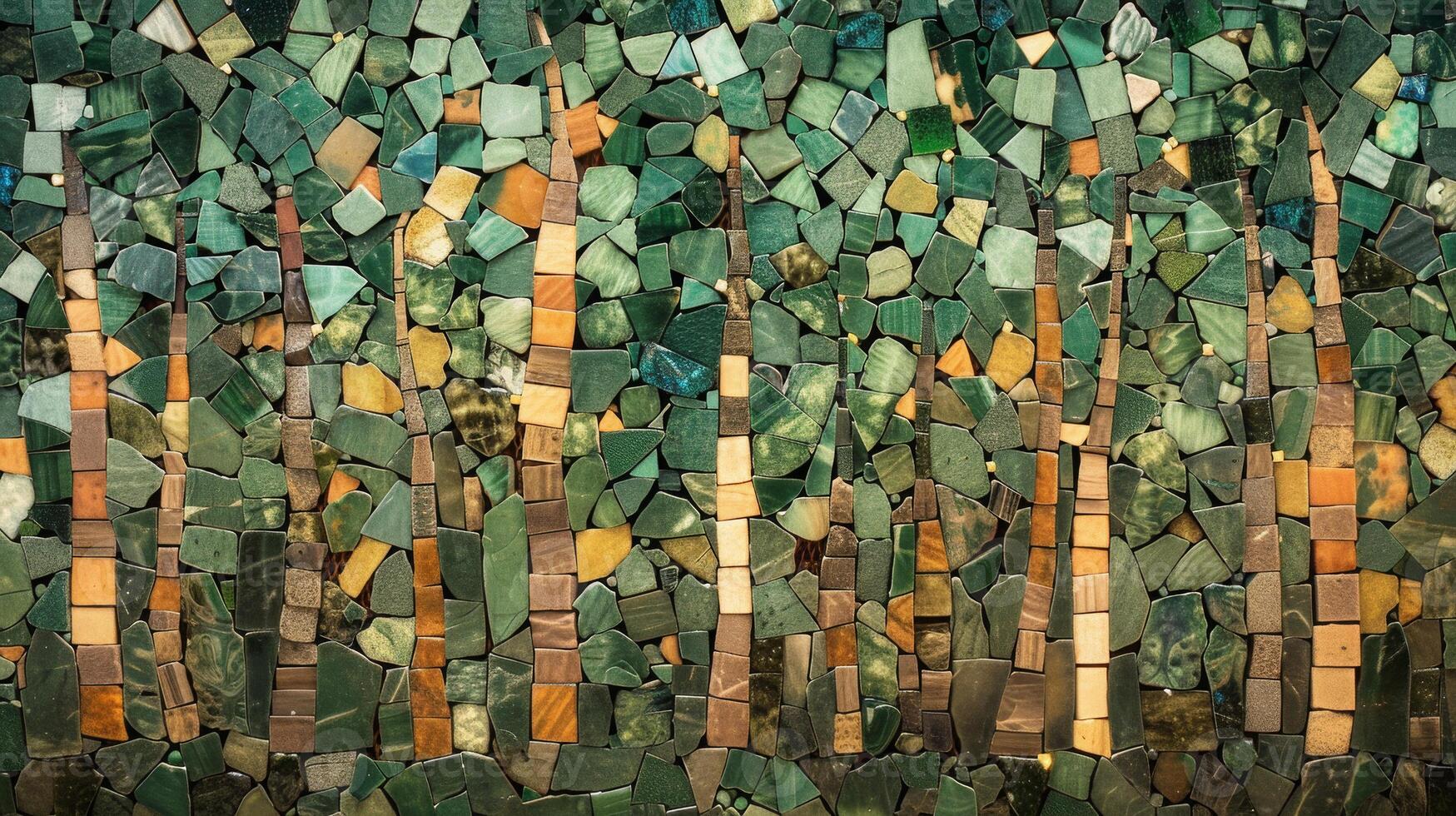 Mural of tree tiles on a wall, blending nature with urban architecture photo