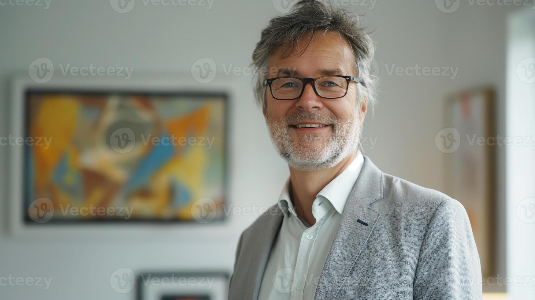 Senior Business Professional with Gray Hair and Stylish Glasses Smiling in Modern Office Setting photo