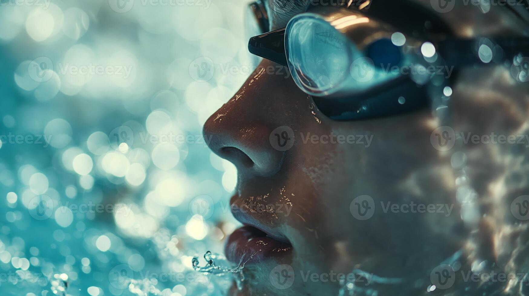 Close up of person in water wearing swimming goggles for recreation and fun photo