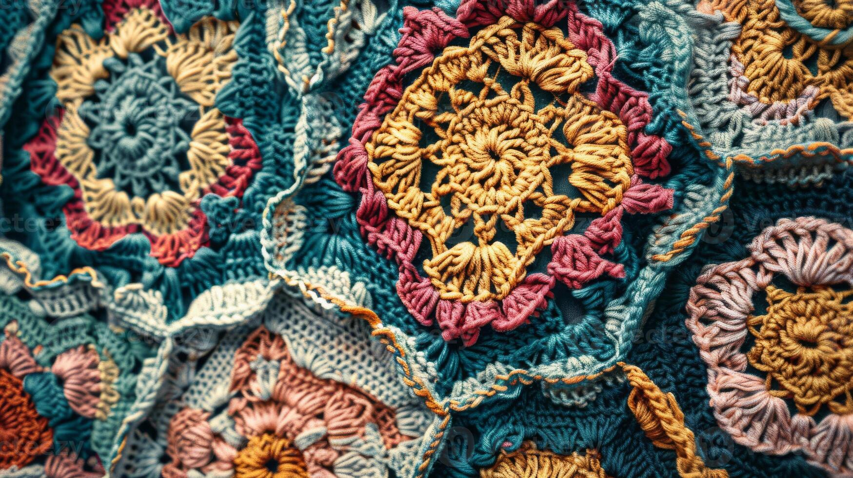 Close up of a woolen purple crocheted pattern on a blue background photo