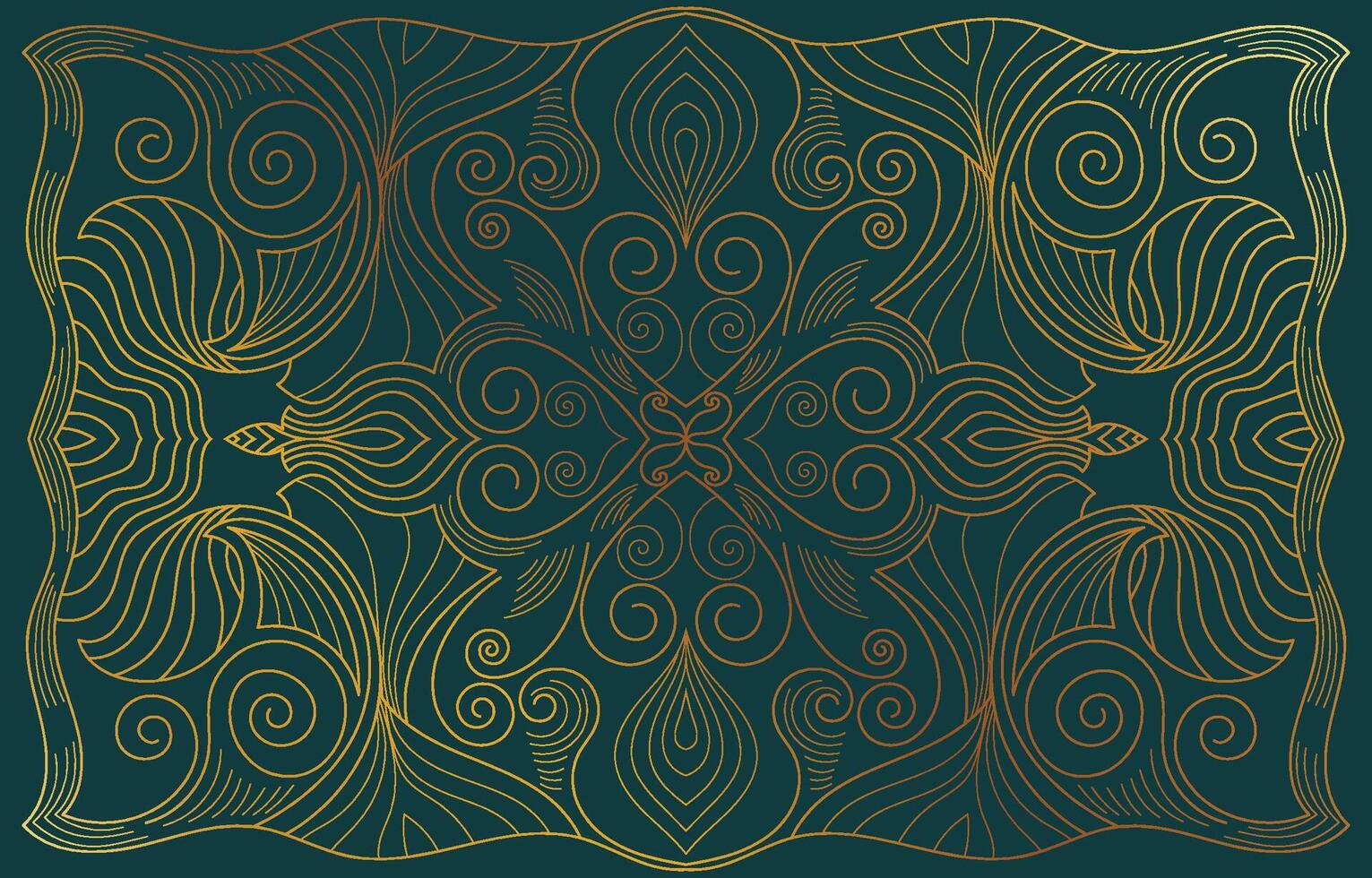 Abstract golden background of floral scrolls, art deco wedding, party theme, geometric ornament, linear style with leaves. Elegant decorative elements in the landscape vector