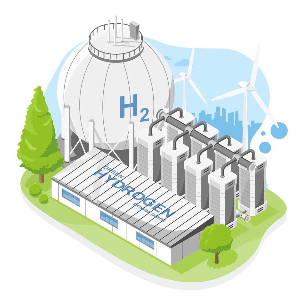 Green hydrogen H2 simple future energy factory power plant icon concept isometric cartoon isolated vector