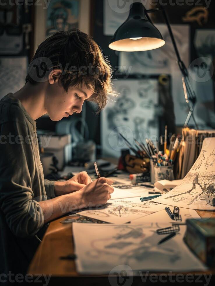 a young man is sitting at a desk drawing on a piece of paper photo