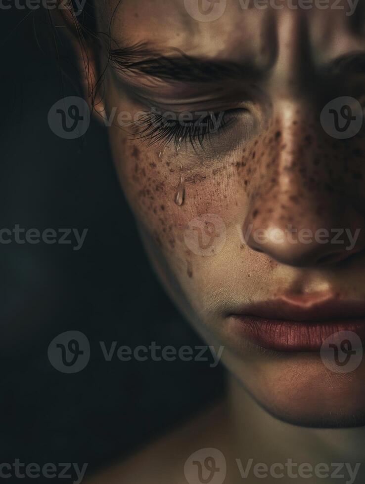 Close up of womans face with tear on cheek and sadness in her eyes photo
