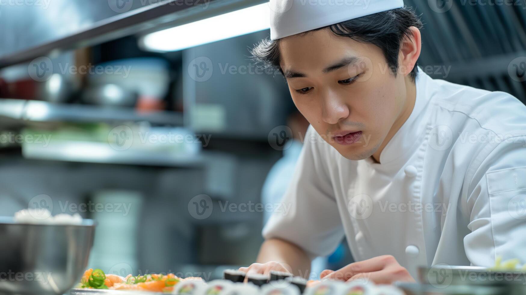 Chef cooking sushi in kitchen with tableware and cap photo