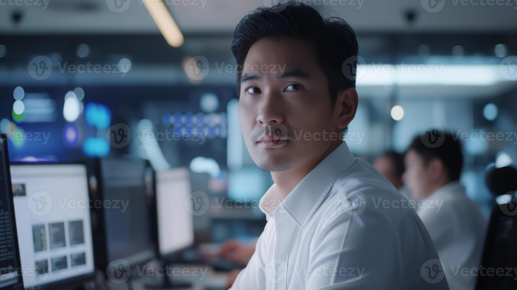 Man at office desk with computer, smiling while working on job tasks photo