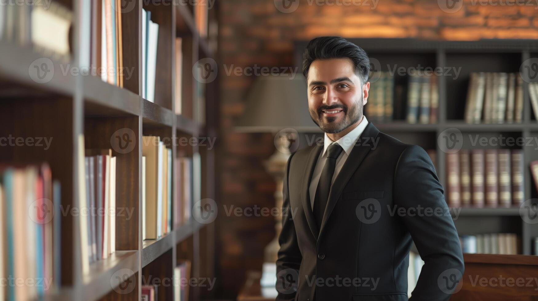 Confident Business Professional in Office Library Setting Smiling for Portrait - Diversity, Professionalism, Business Environment Concept photo