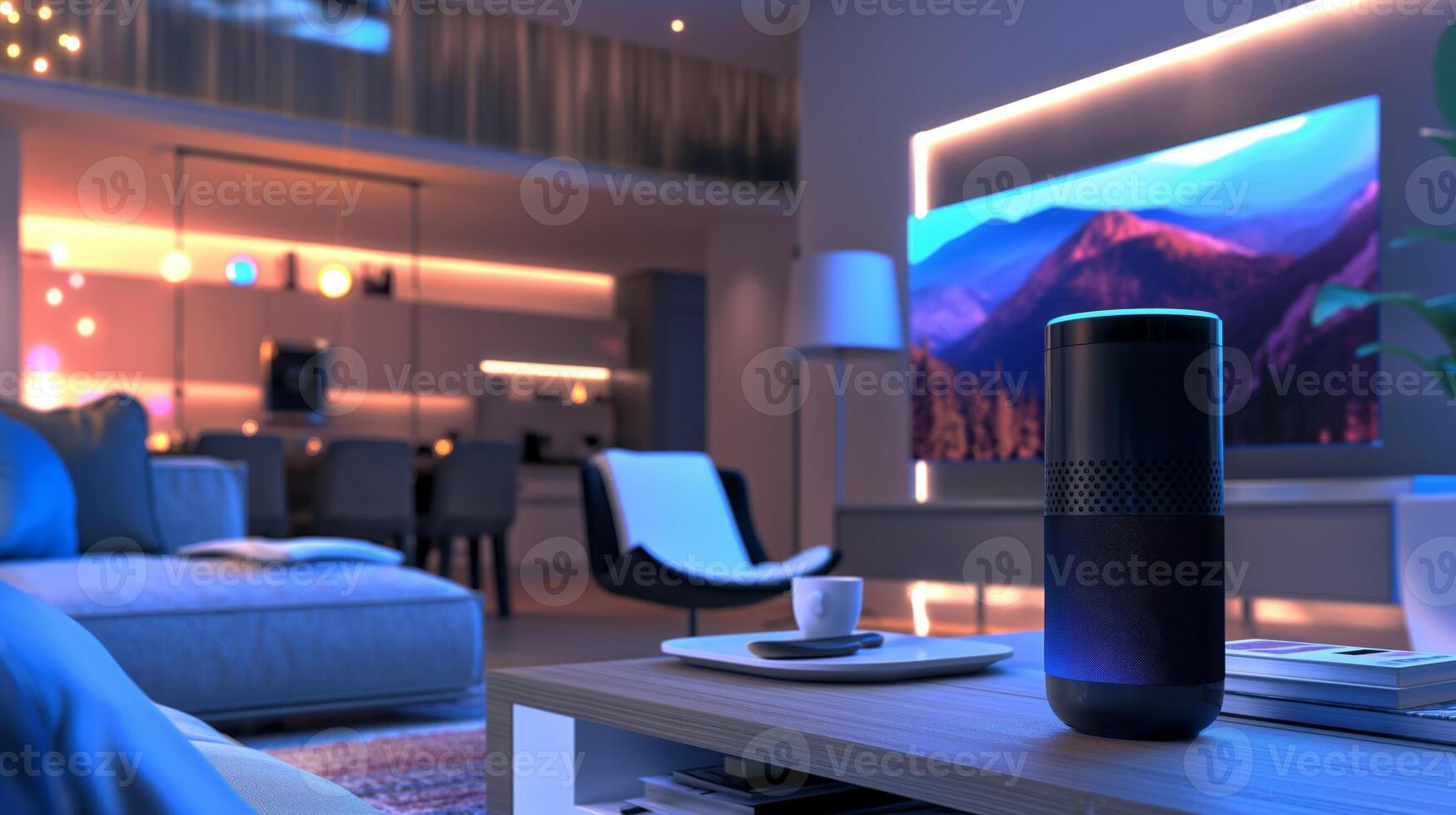 Living room with furniture and entertainment speaker for leisure in a building photo