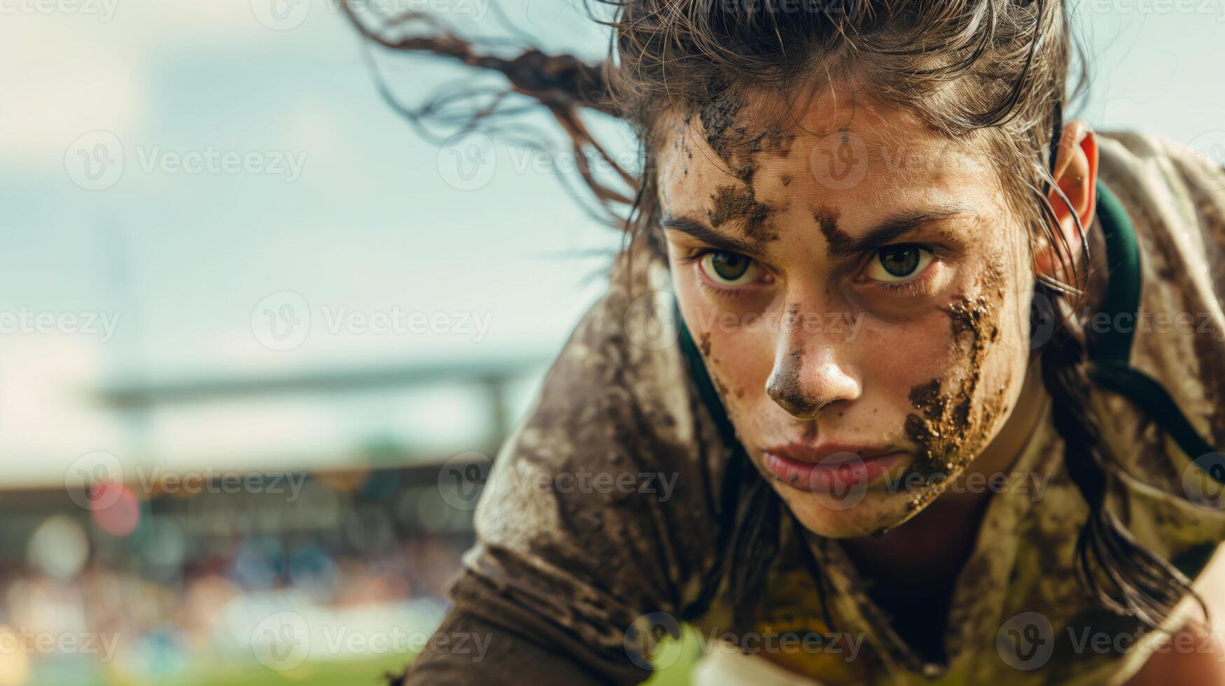Determined Rugby Player with Mud-Splattered Face photo