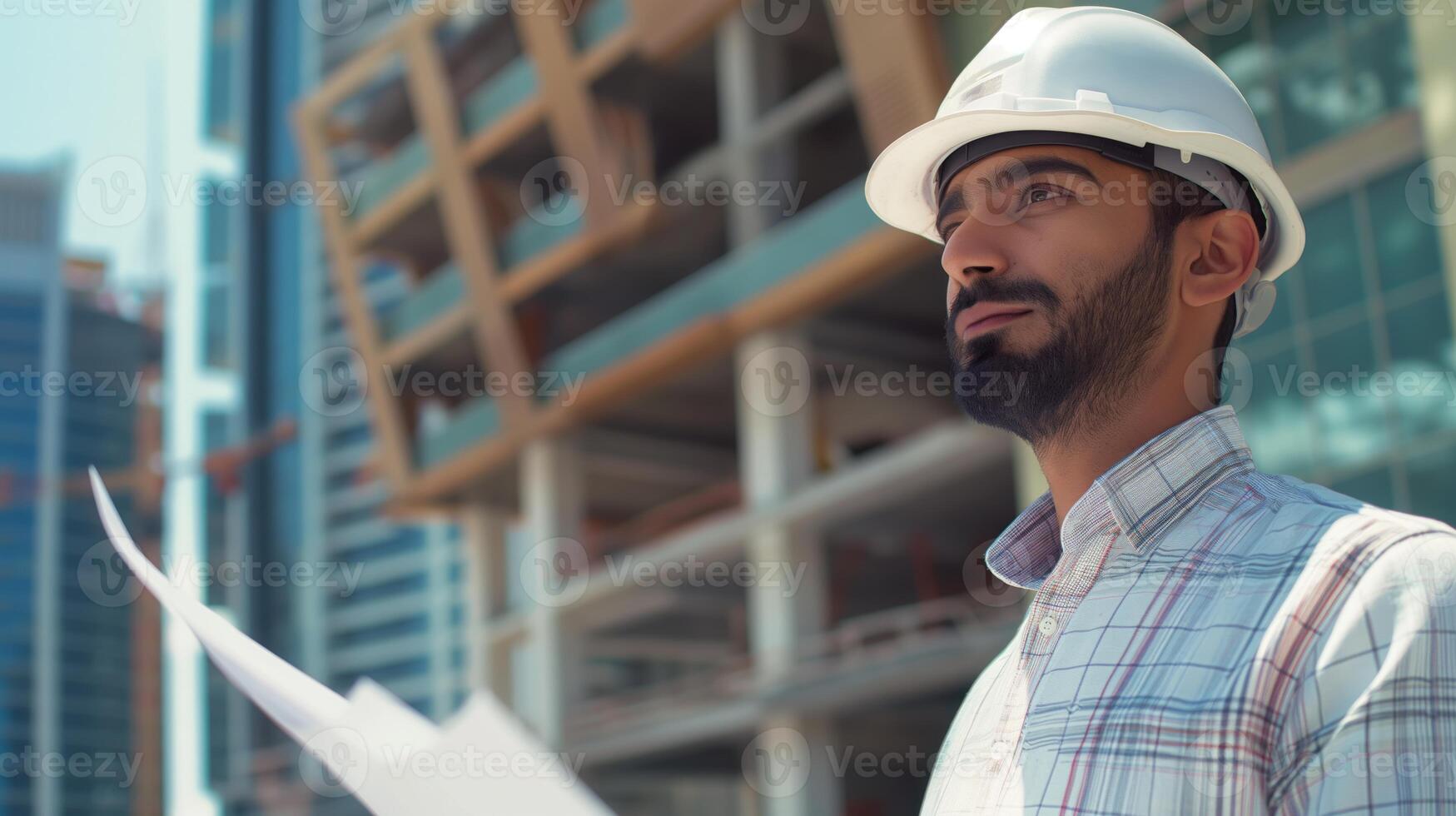 Engineer with a hard hat holding blueprint at a construction site photo