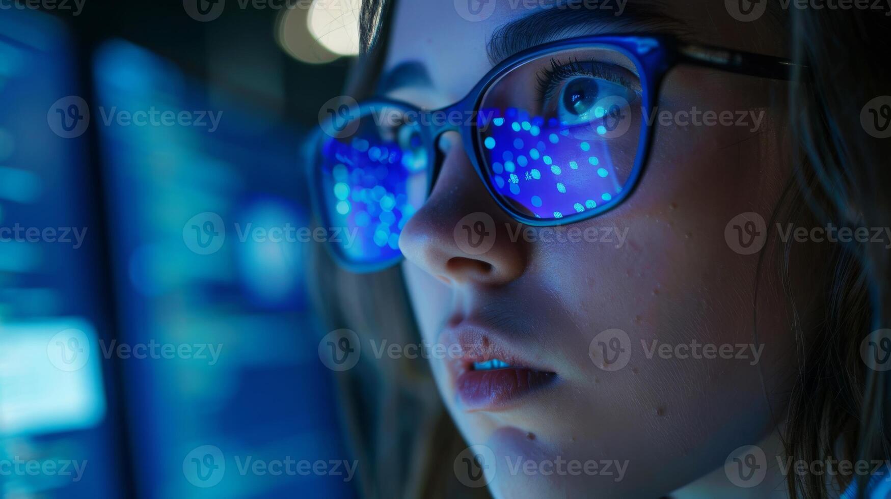 A woman in cool eyewear is looking at a computer screen for entertainment photo
