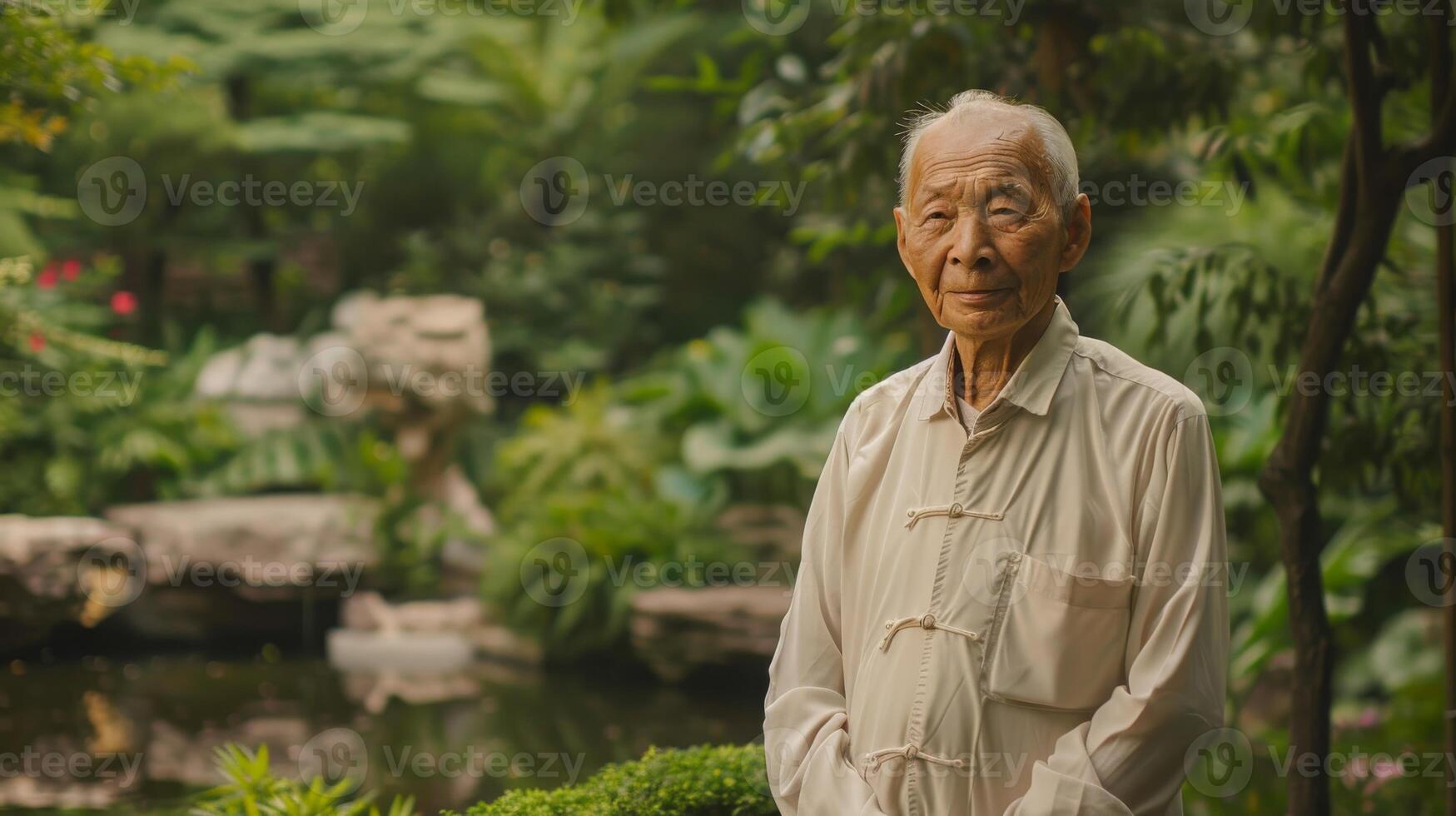 Elderly man by pond enjoying natural landscape and leisure photo