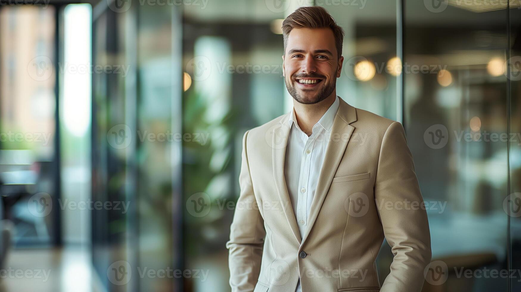 Professional Businessman in Modern Office, Corporate Environment, Business Attire, Confident Expression for Workplace or Corporate Media Use photo