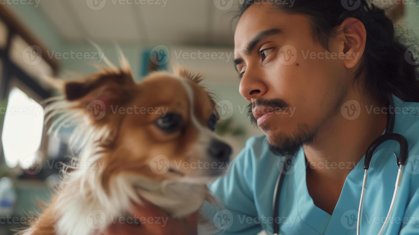 Veterinarian examining small dog, checking its ears and fur for any issues photo
