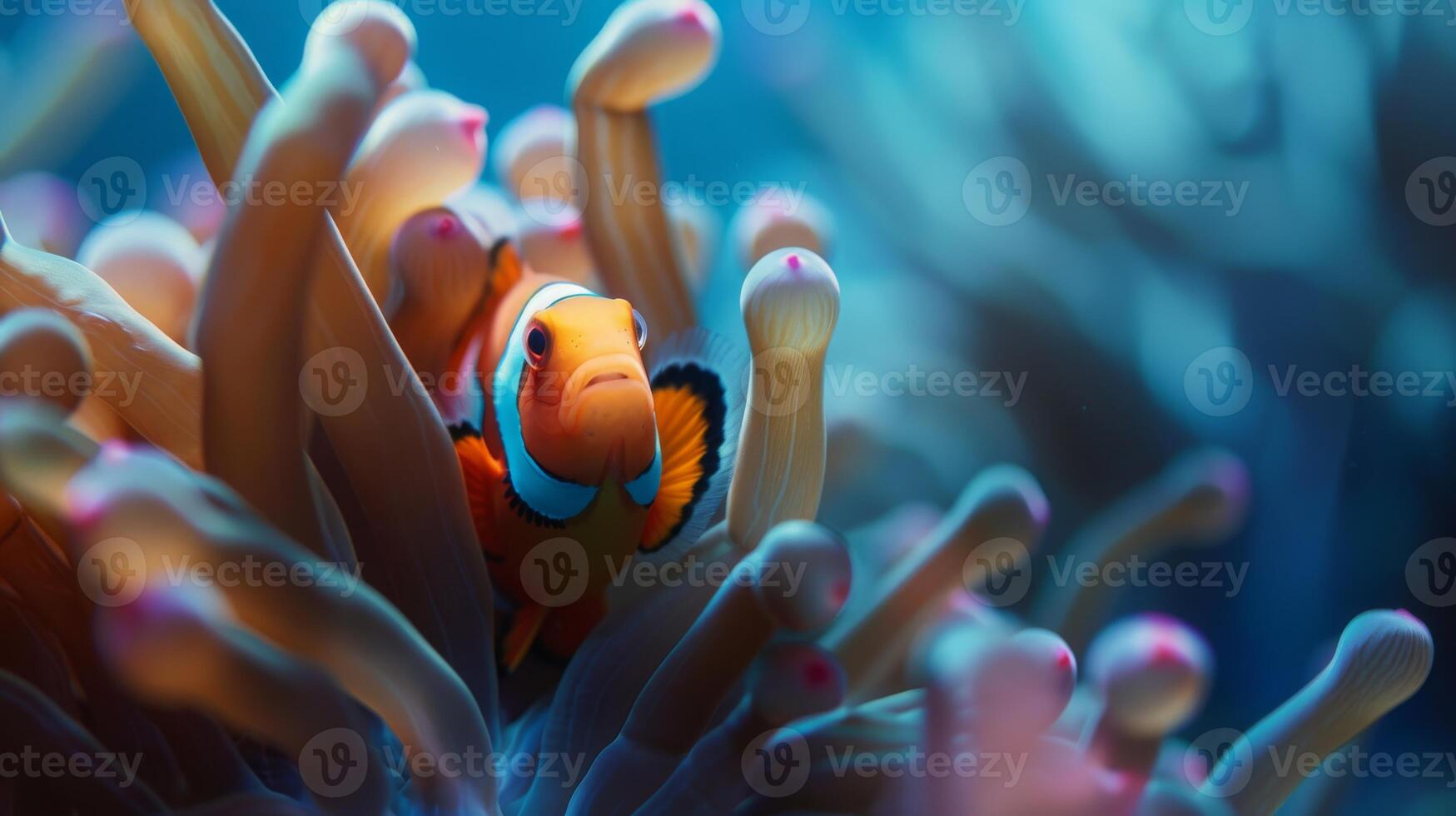 A clown fish resides in a sea anemone, a marine organism photo