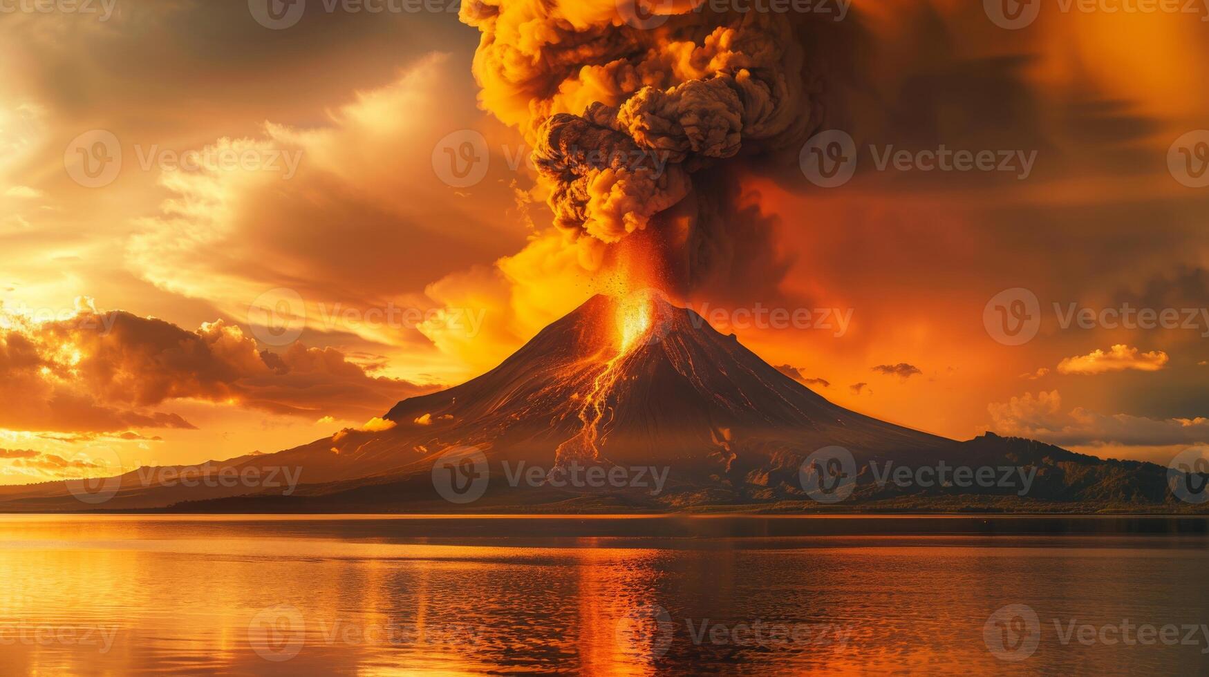 A volcano erupts into the ocean at sunset, creating a stunning natural landscape photo