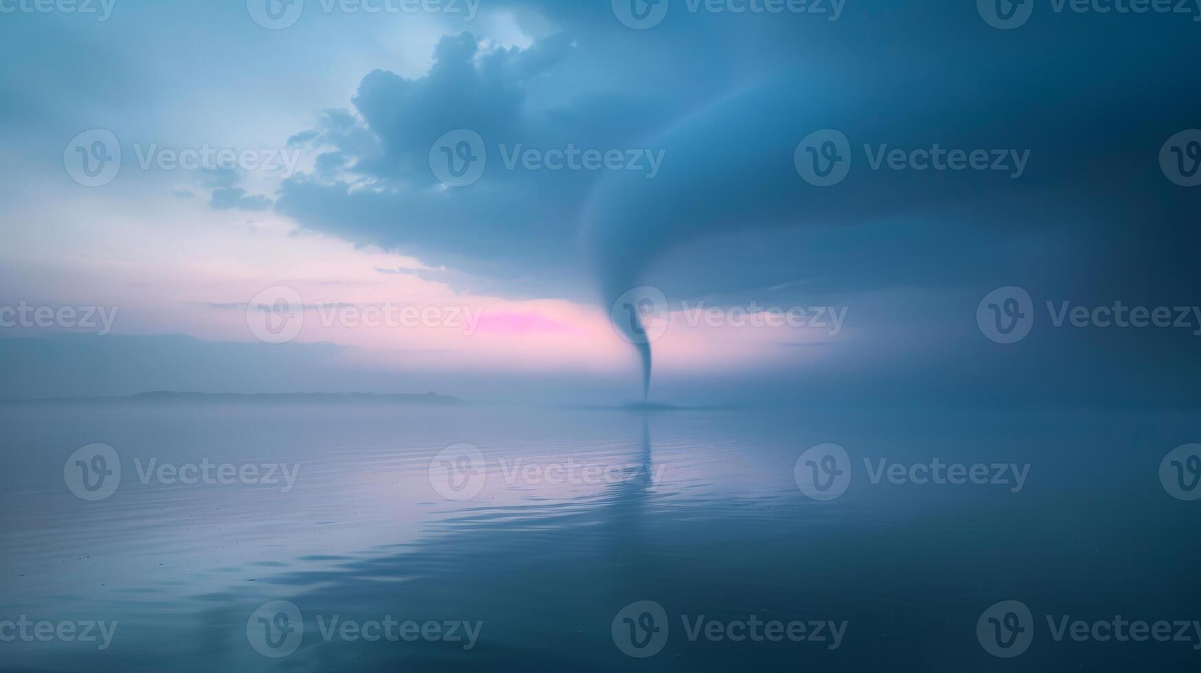 A cloud of water and liquid rises from the ocean, forming a tornado at sunset photo