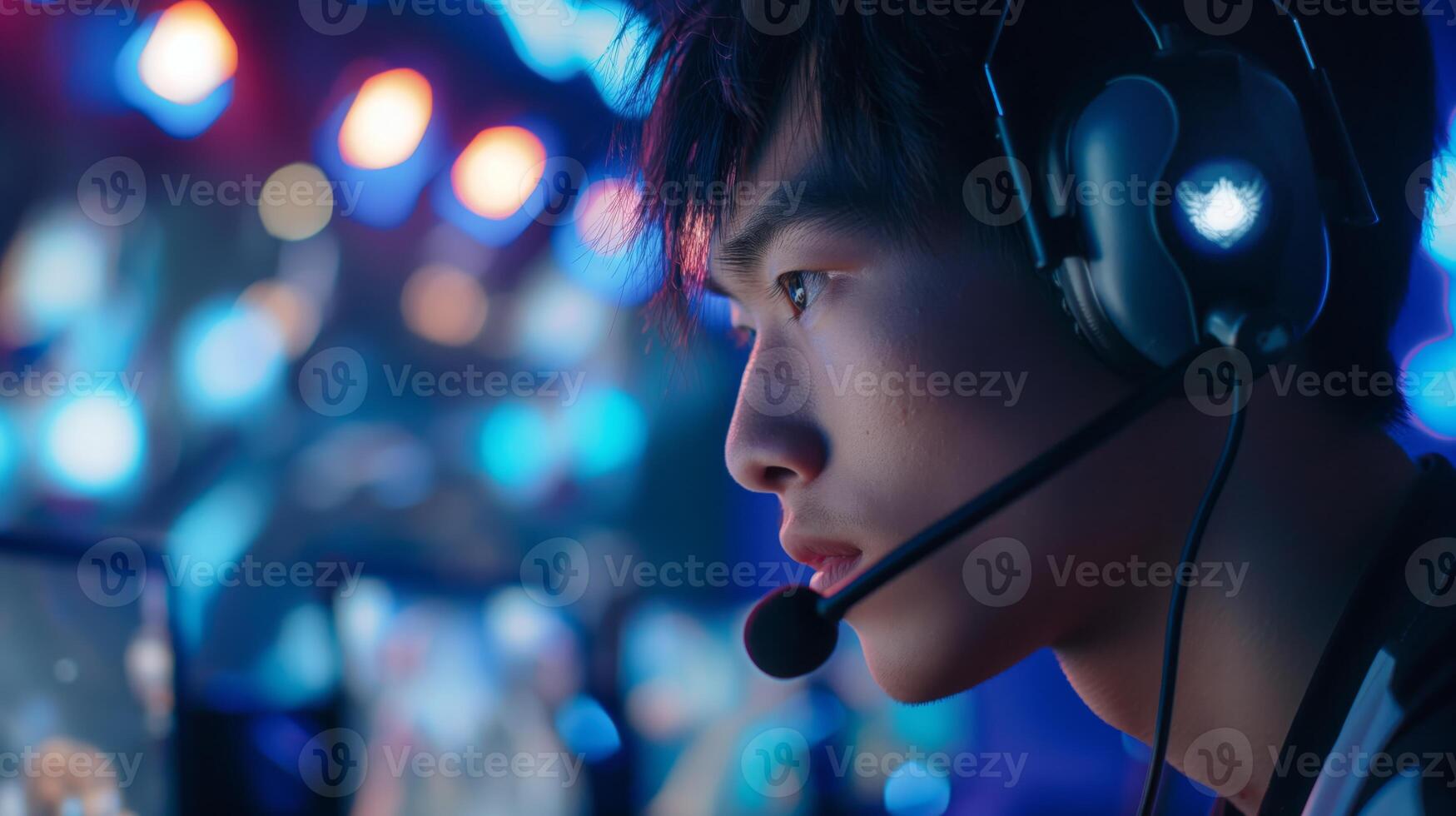 a man wearing headphones and a microphone is playing a game photo