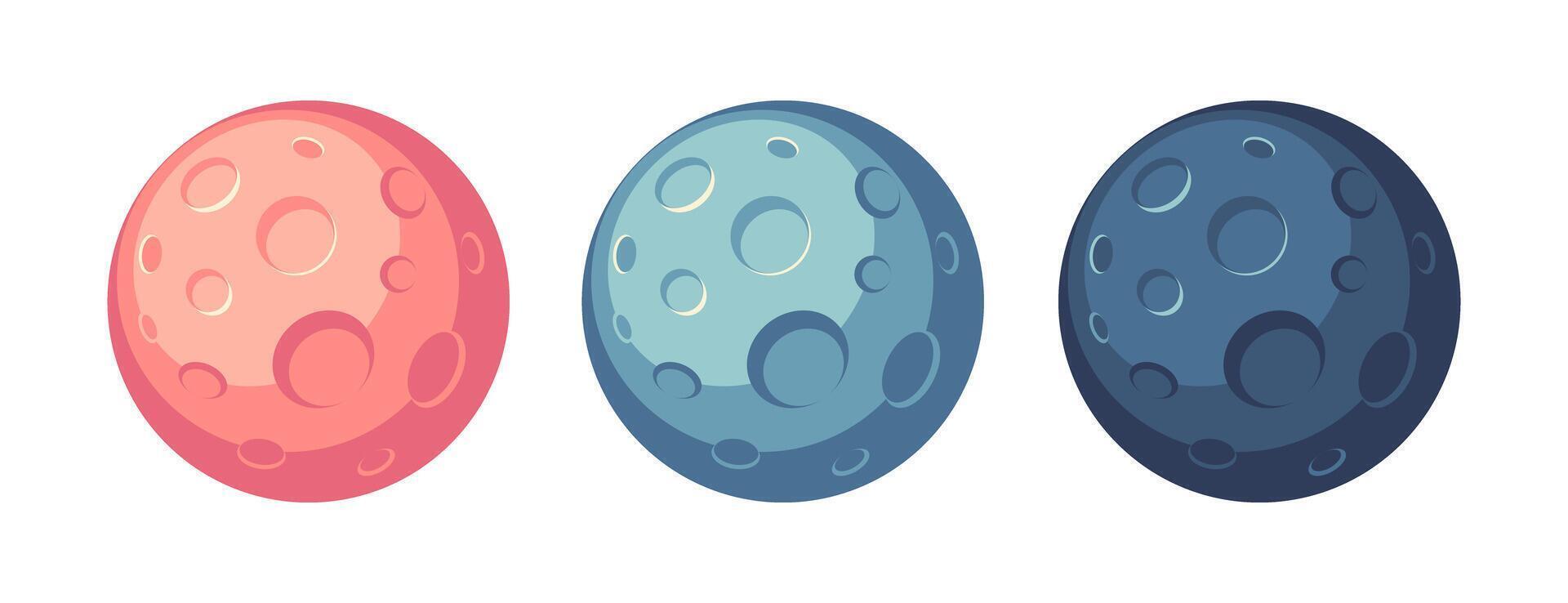 Set of isolated realistic full moon at night. Red, blue and dark satellite sphere icons. vector