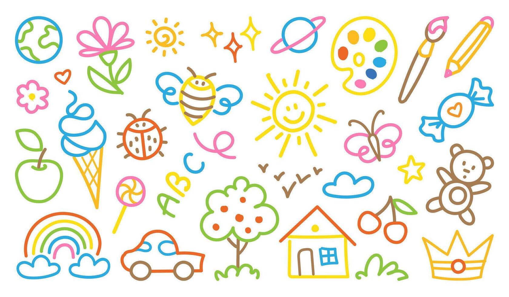 Cute kids hand drawn colored set of simple decorative elements in doodle style. Various icons, childish drawings isolated on white background. vector