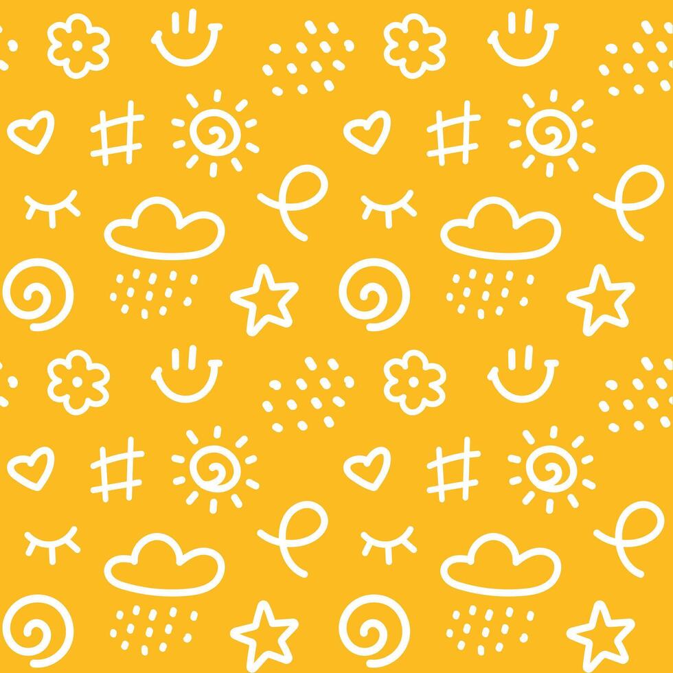 Cute line doodle seamless pattern. Simple hand drawn scribble icons in children drawing style. Collection of kids design elements on orange background vector