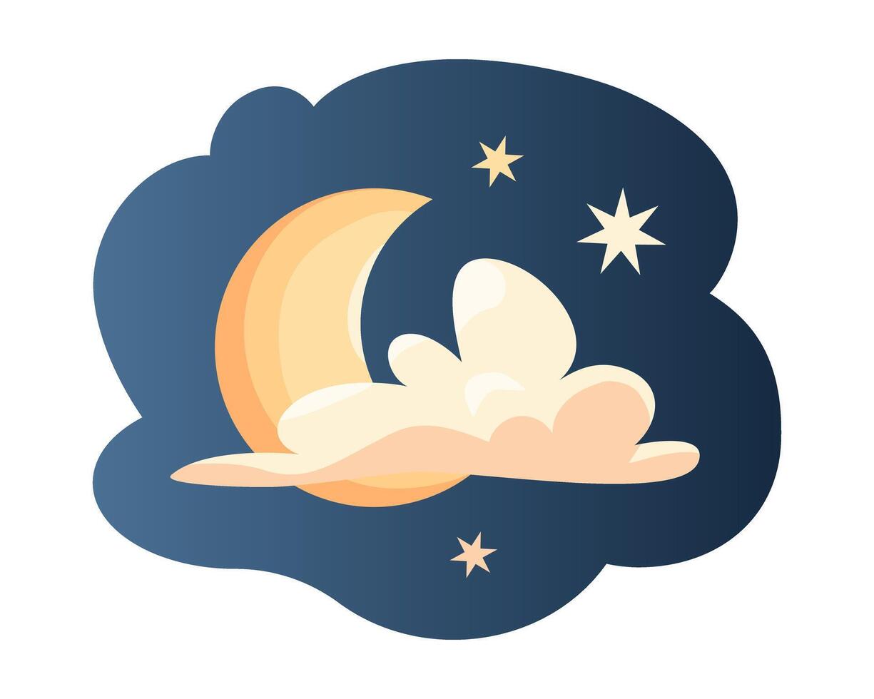 Crescent moon, golden stars and cloud on starry blue background at night. illustration in cartoon style vector