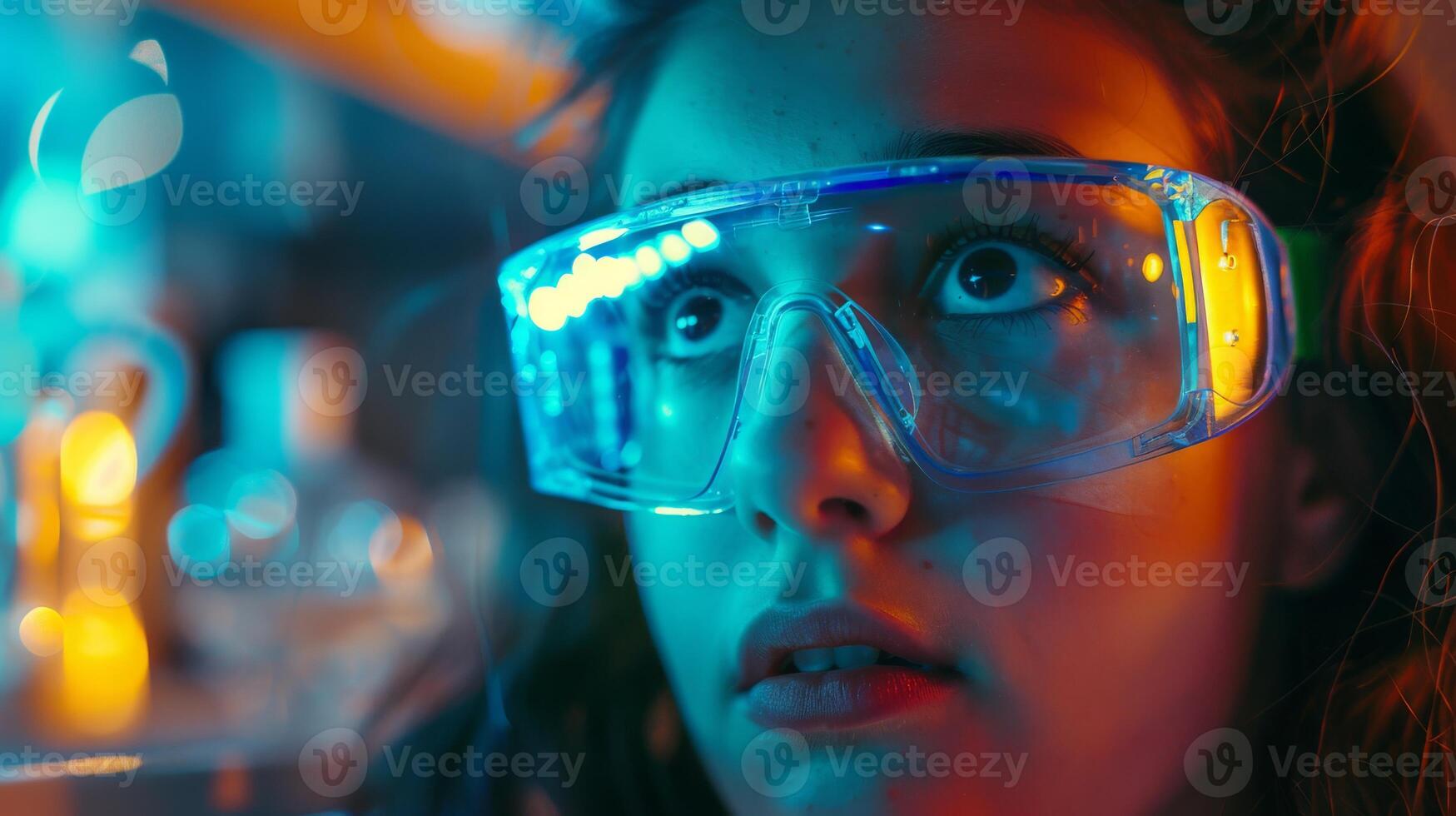 Young Female Student in Science Lab Wearing Protective Safety Goggles, Immersed in Scientific Experiment with Colorful Lighting, Promoting STEM Education and Diversity photo