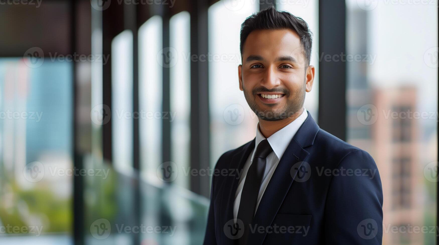 Confident Business Professional in Suit Standing by Office Window, Emphasizing Diversity and Modern Workplace photo
