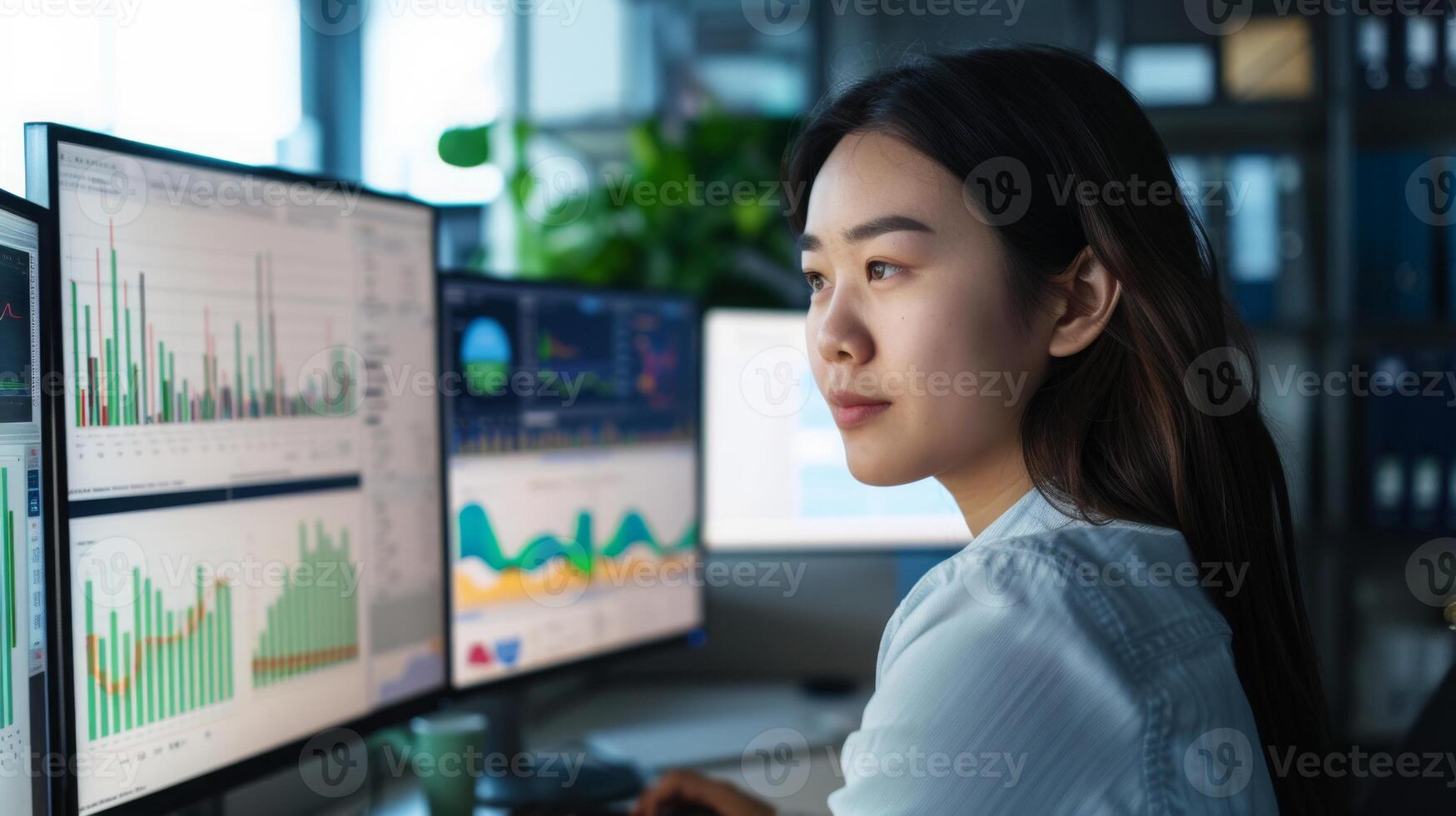 A woman enjoys watching events on two computer displays in a room photo
