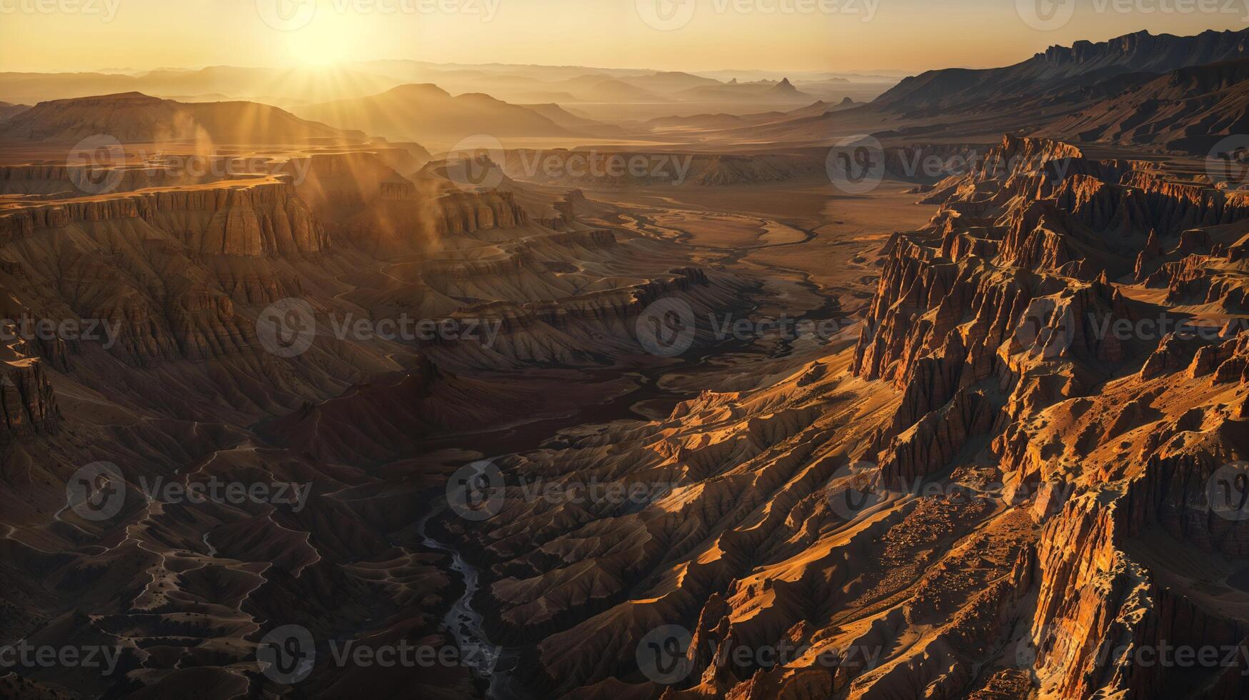 Beautiful desert canyon sunset with colorful sky and mountain silhouette photo