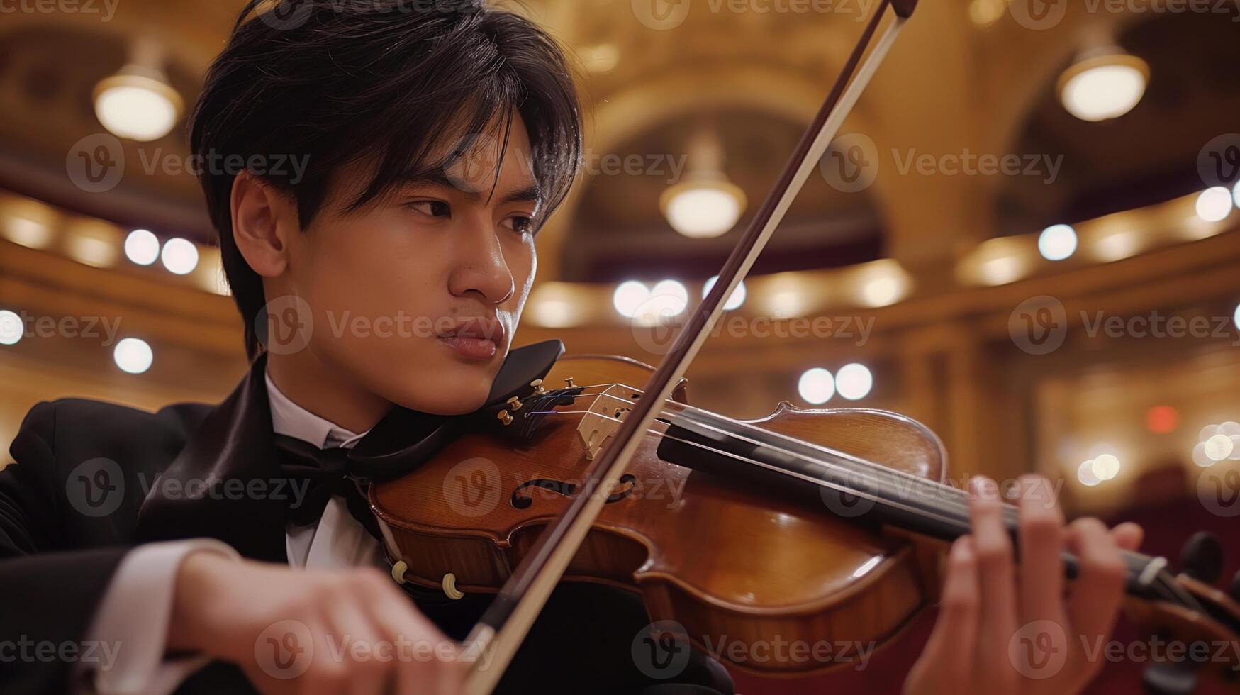 Musician in tuxedo performs classical music on violin in auditorium photo