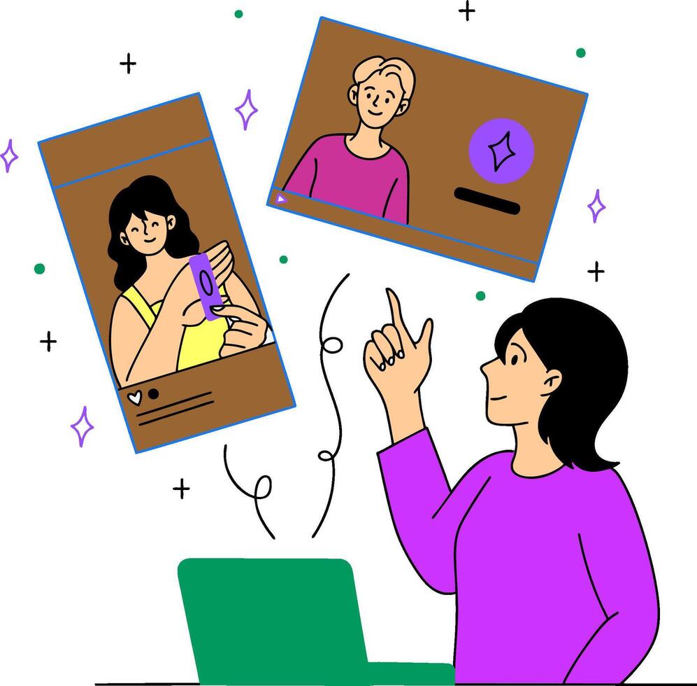 a woman is pointing to a laptop with vector