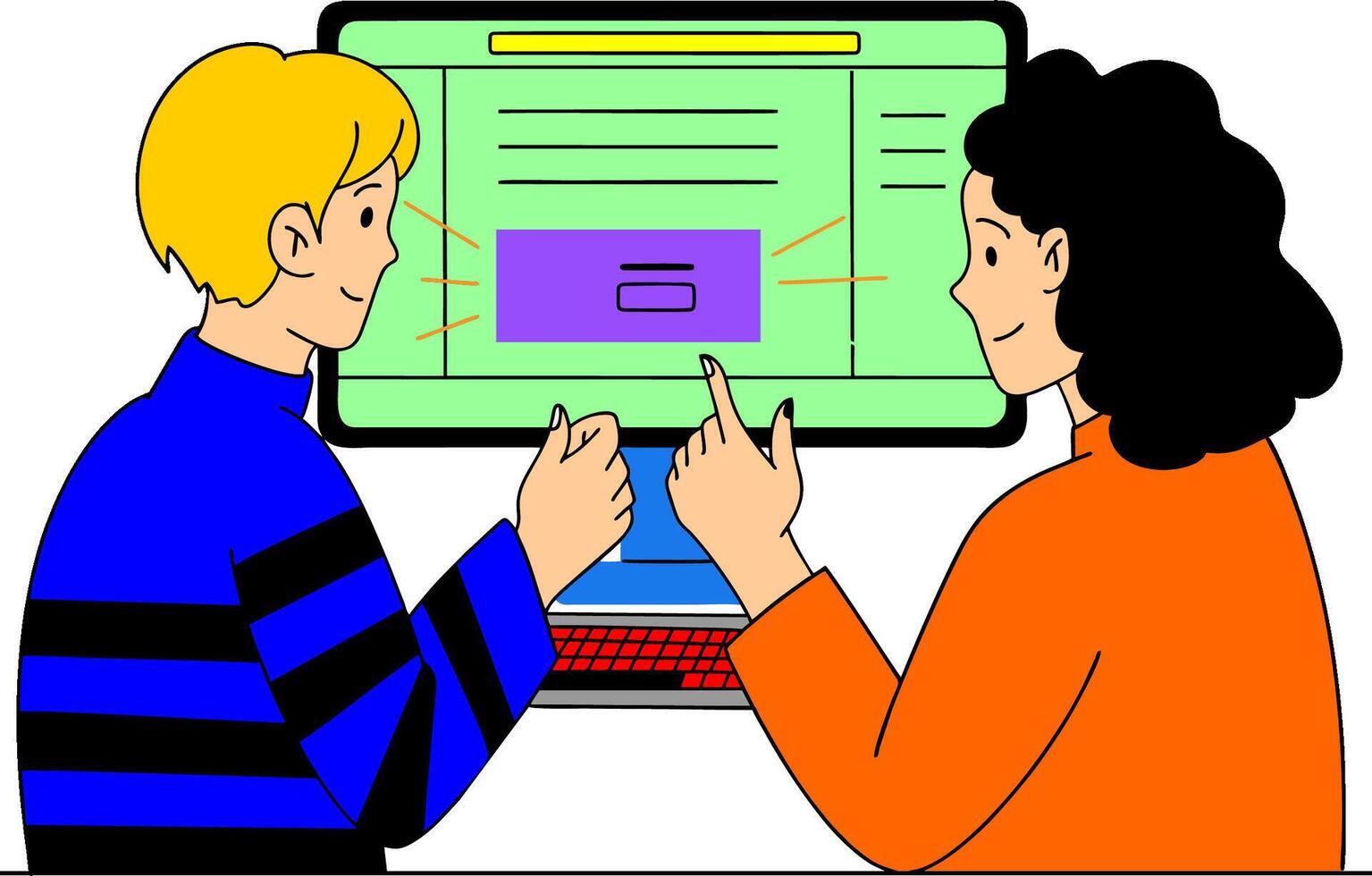two people are looking at a computer screen vector