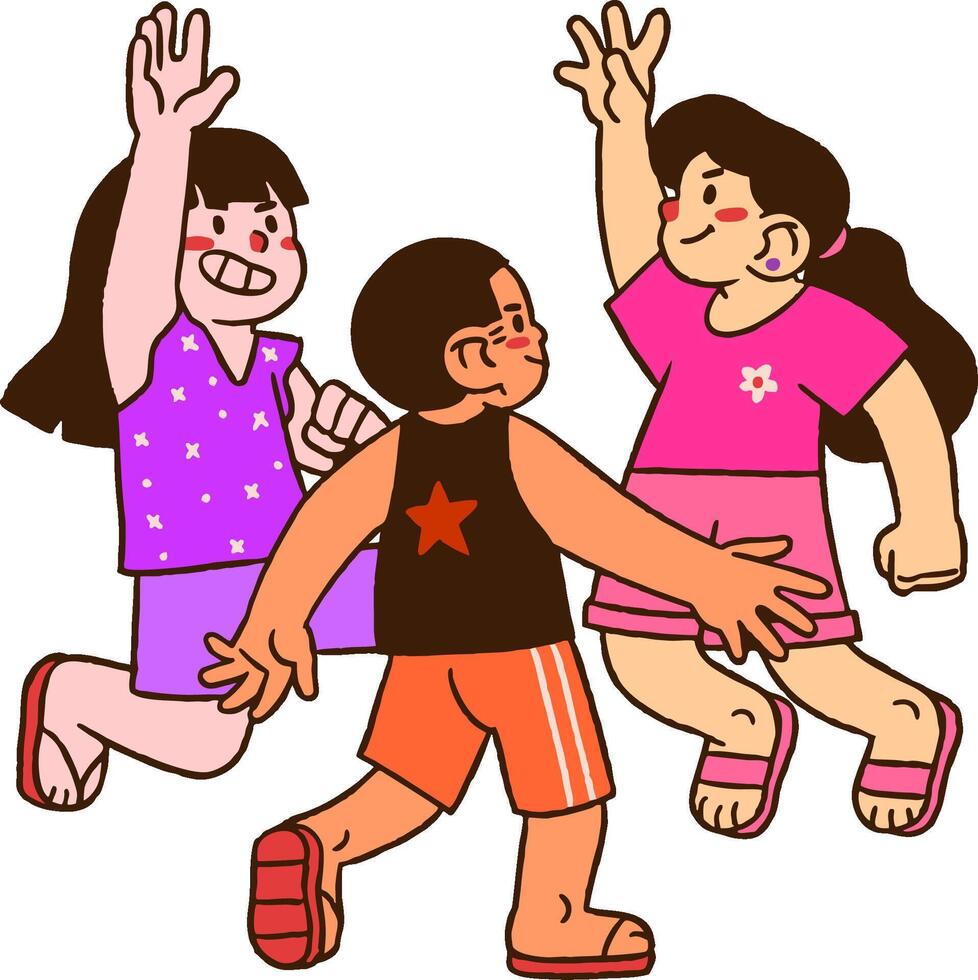 three children are playing together in a cartoon vector