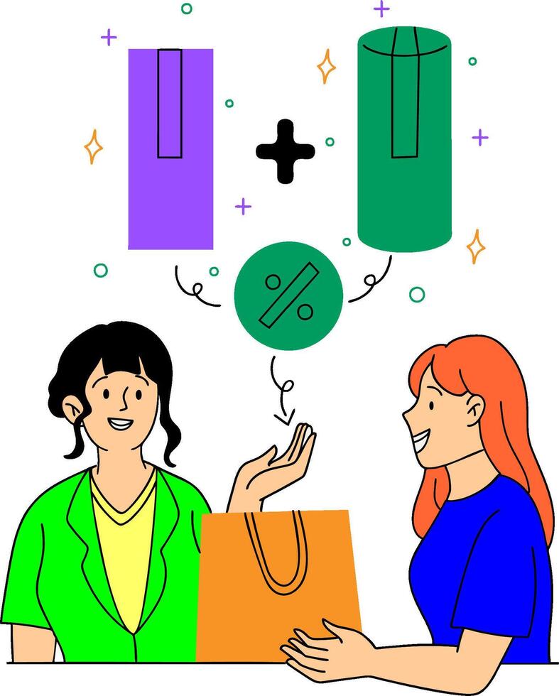 two women are holding shopping bags and one is holding a sign that says save money vector