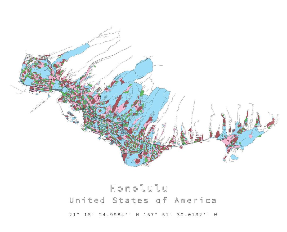 Honolulu United States city centre,accurate map,Urban detail Streets Roads color Map vector