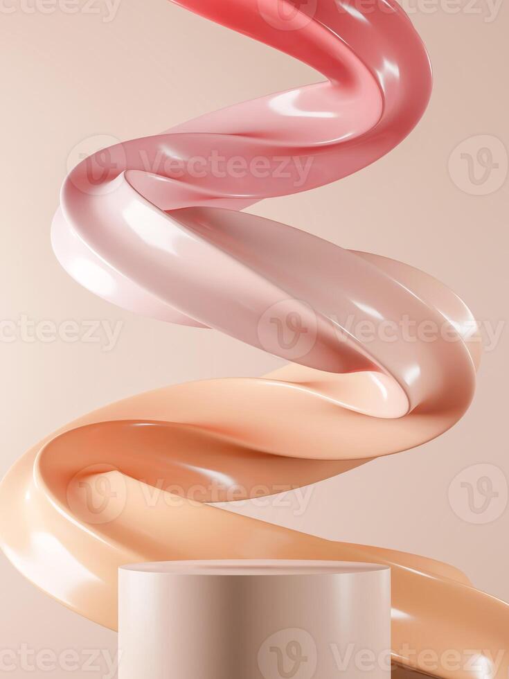 Beige platform with wavy twisted creams. Abstract background for cosmetic or soft cream. 3D illustration photo