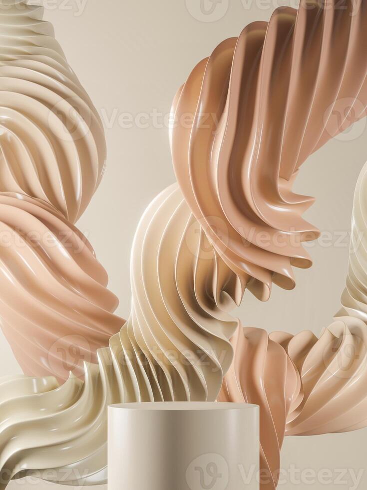 Beige platform with wavy twisted creams. Abstract background for cosmetic or soft cream. 3D illustration photo