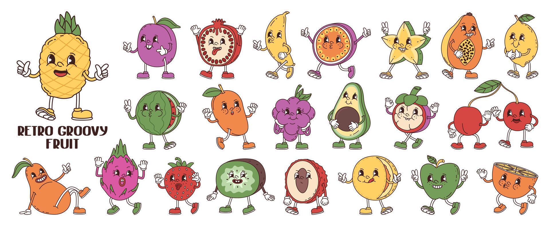 Retro groovy anthropomorphic cartoon fruits. Funny characters berries and fruits in trendy style. stickers collection. vector