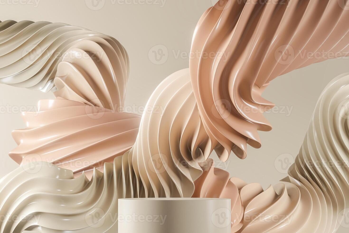 Beige platform with wavy twisted creams. Abstract background for cosmetic or soft cream. 3D illustration photo
