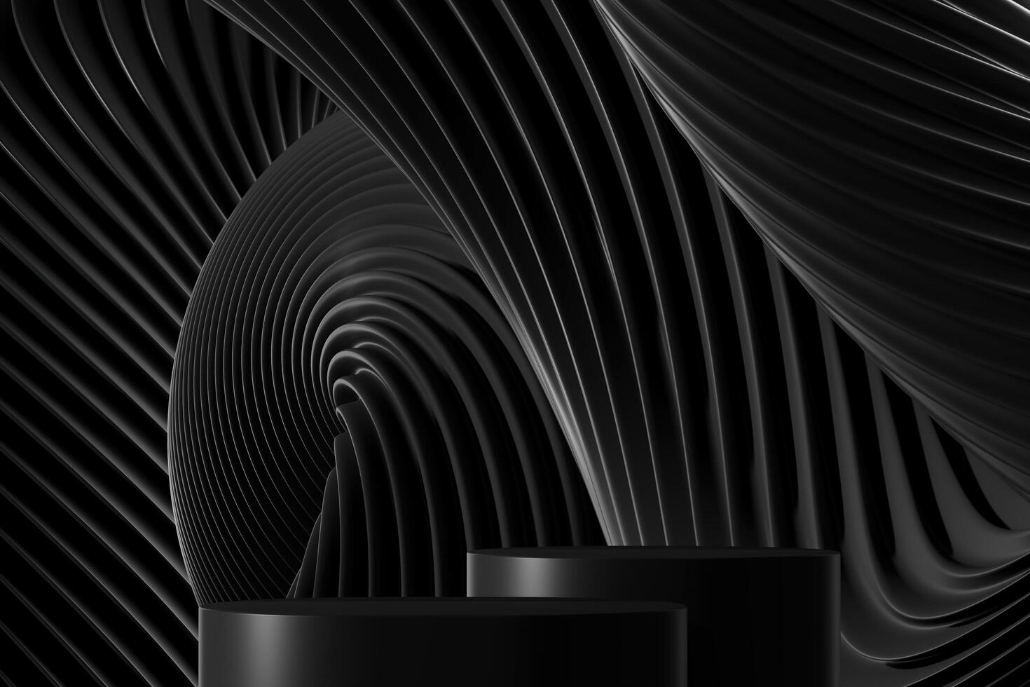 Two black podium with abstract wavy pattern background. 3D illustration photo
