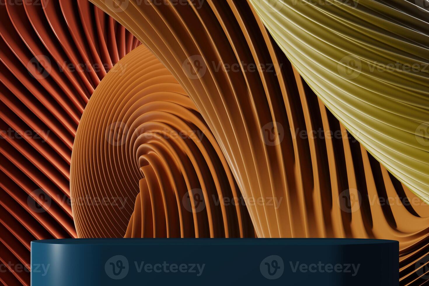 Dark blue podium with abstract wavy pattern warm tone background. 3D illustration photo