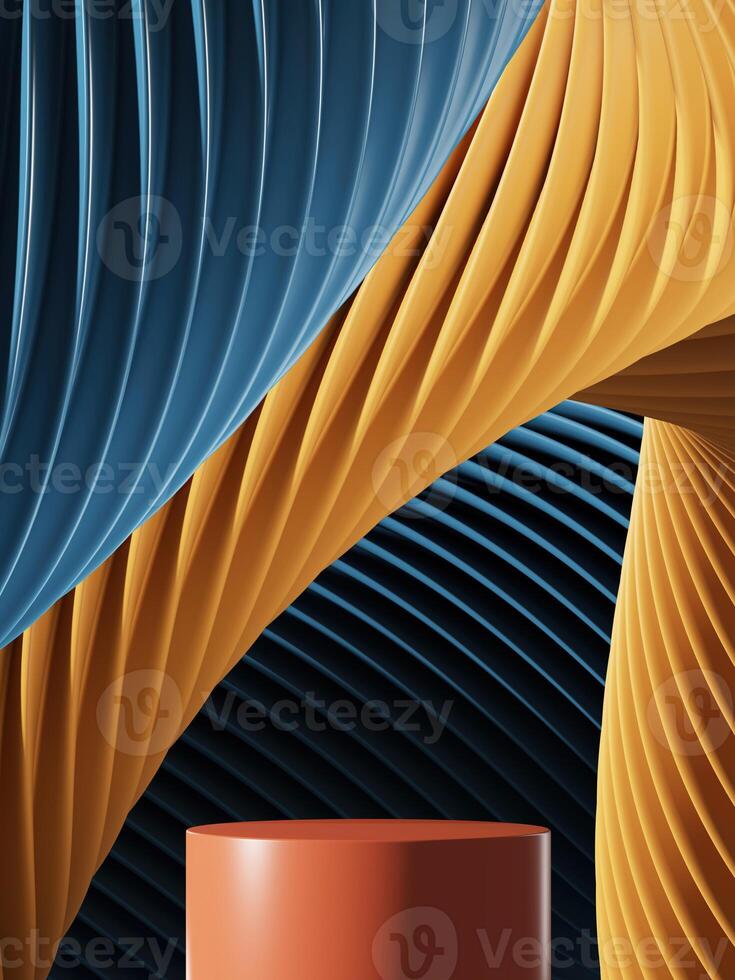 The brown podium with abstract two tone wavy pattern background. 3D illustration photo