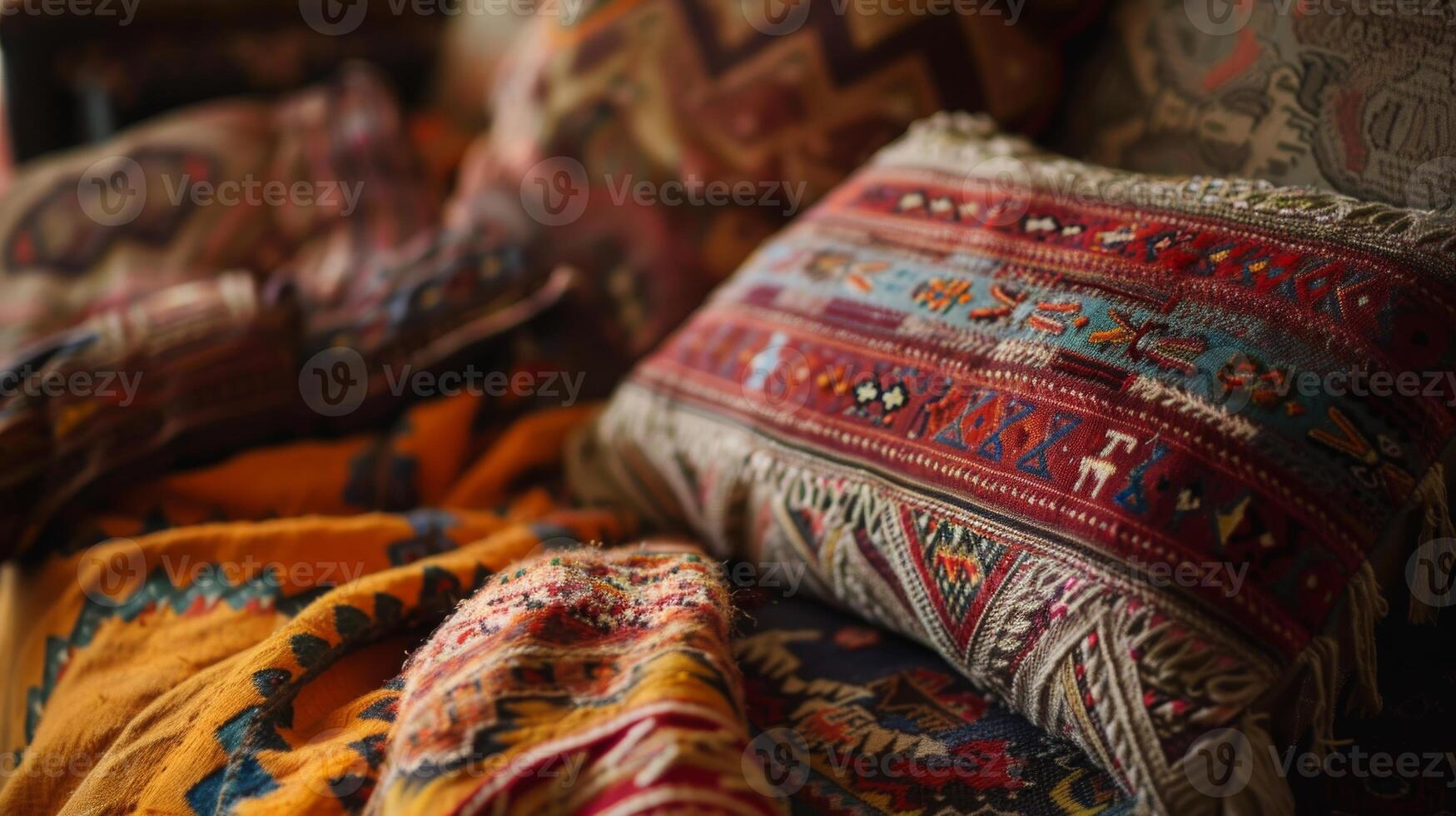 a pillow is sitting on top of a pile of blankets on a bed photo