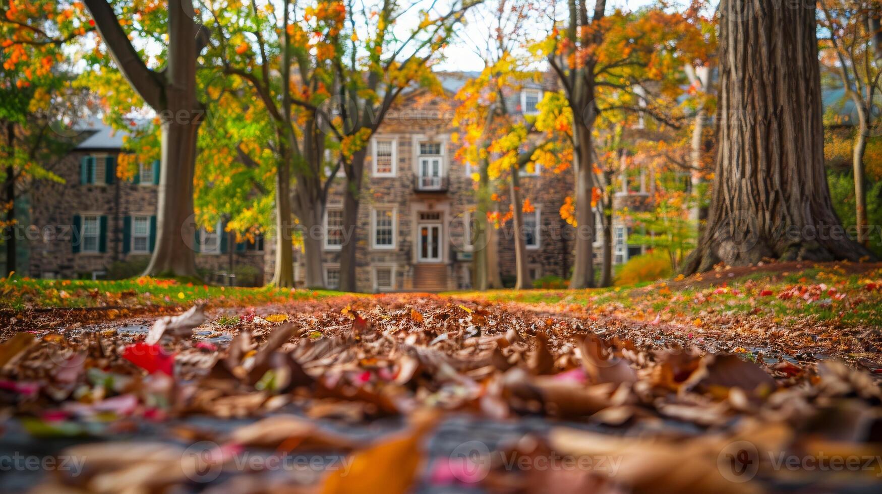 Leaves cover the ground in front of the building, creating a natural landscape photo